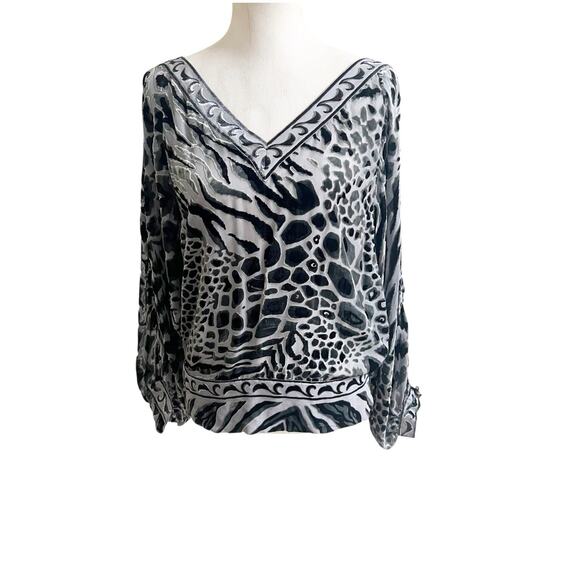 Hale Bob Burnout Velvet Tunic Dolman Sleeve Black Size Small V-Neck Animal Print - Picture 1 of 15
